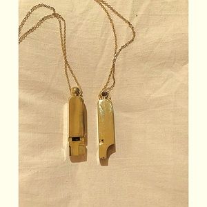 Gold Tone Safety Whistle Pendant on Chain Necklace